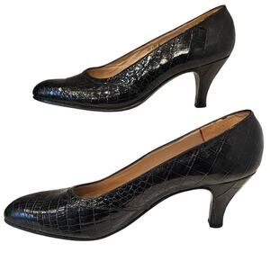 Vintage Belgian Shoes Croc Embossed Leather Pumps Heels Debusschère Bruges Black